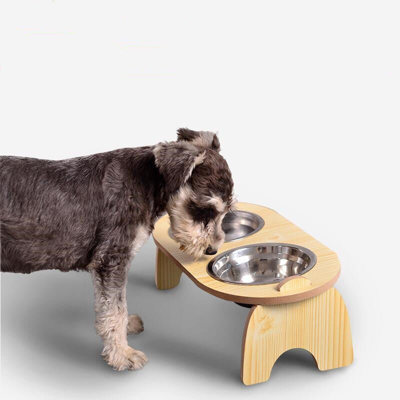 Double Pet Dog Bowl With Wooden Stand - Weriion