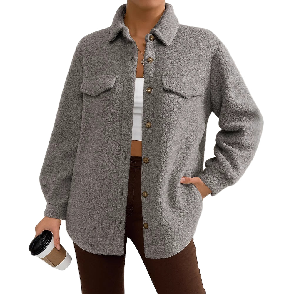 Women's Solid Color Long-Sleeved Lapel Fleece Jacket