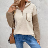 Long Sleeve Stand Collar Color Matching Warm With Velvet Sweater For Women