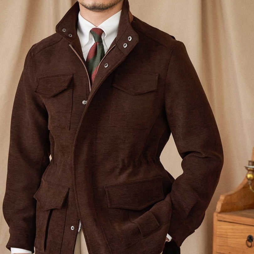 Elastic Waist Stand Collar Multi - Pocket Safari Vintage Gentlemans Coat Jacket - Weriion