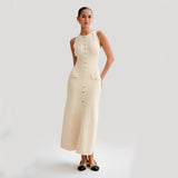 Elegant Knitted Sleeveless Dress With Single Breast Slim Fit Round Neck Women's Clothing - Weriion