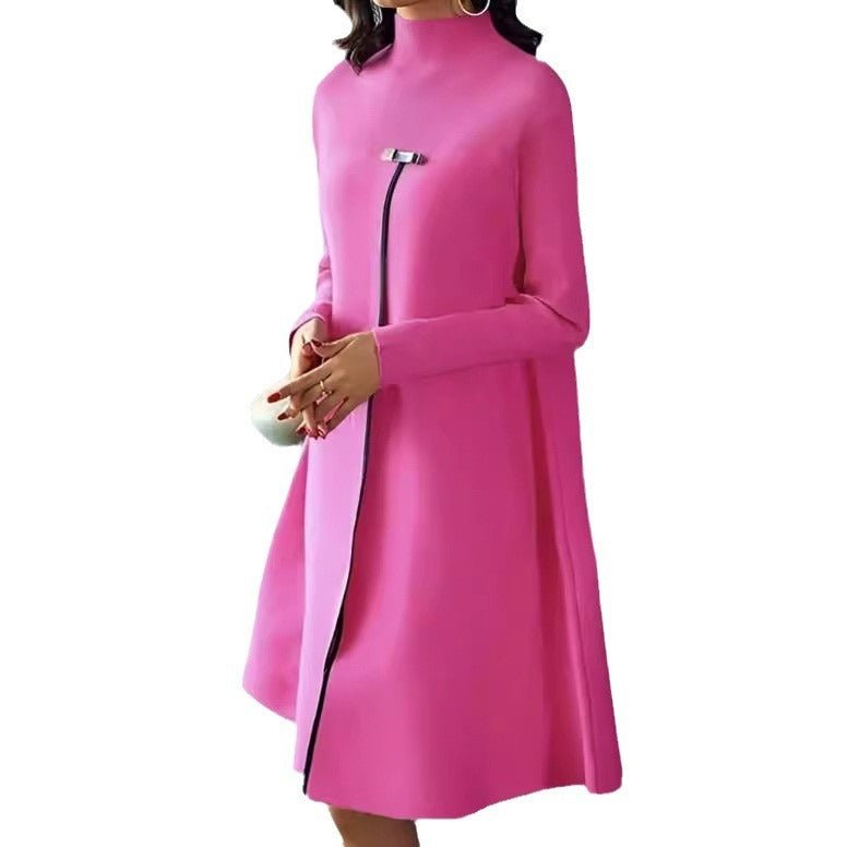 Elegant Solid Color Long Sleeve Turtleneck Slimming Large Hem Dress - Weriion