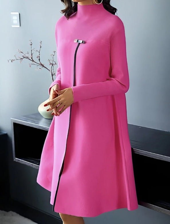 Elegant Solid Color Long Sleeve Turtleneck Slimming Large Hem Dress - Weriion