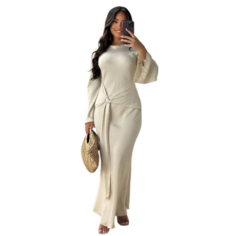 Elegant Solid Color Round - Neck Long - Sleeved Dress - Weriion