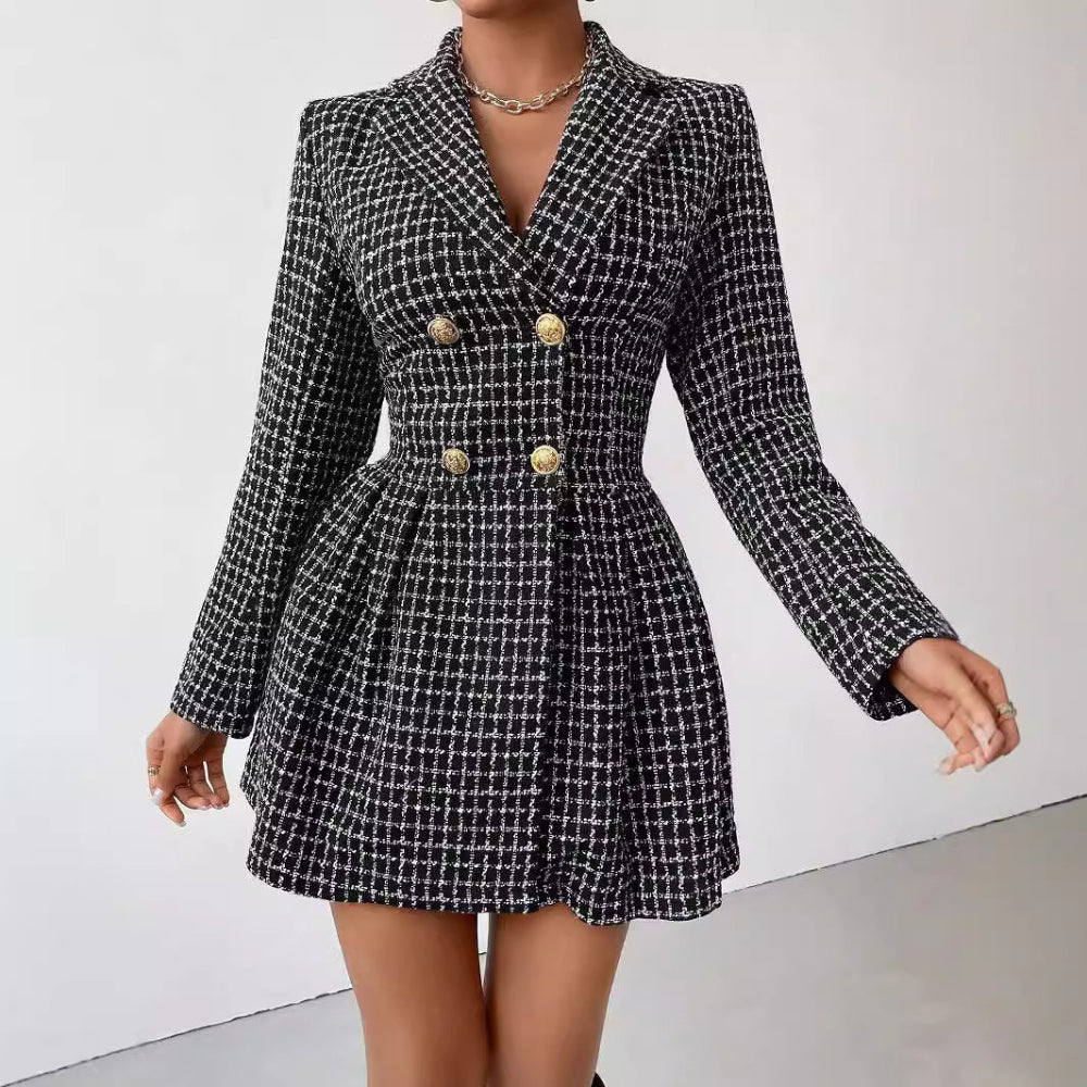 Fashion Plaid Temperament Commute V - Neck Long Sleeve Coat - Weriion