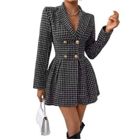 Fashion Plaid Temperament Commute V - Neck Long Sleeve Coat - Weriion