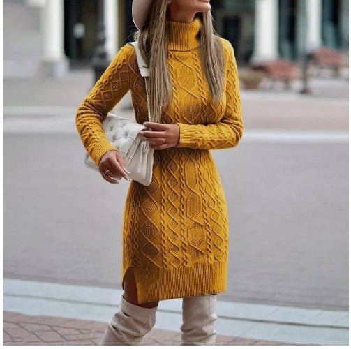 Fashionable Warm Turtleneck Knitted Dress With Slit Design - Weriion