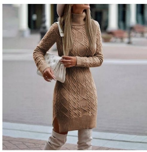 Fashionable Warm Turtleneck Knitted Dress With Slit Design - Weriion