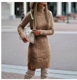 Fashionable Warm Turtleneck Knitted Dress With Slit Design - Weriion