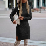 Fashionable Warm Turtleneck Knitted Dress With Slit Design - Weriion