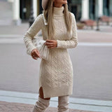 Fashionable Warm Turtleneck Knitted Dress With Slit Design - Weriion