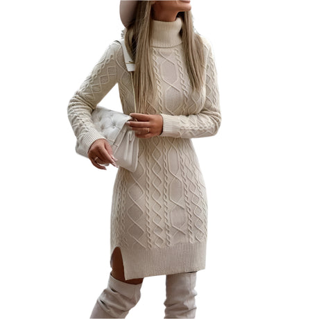 Fashionable Warm Turtleneck Knitted Dress With Slit Design - Weriion