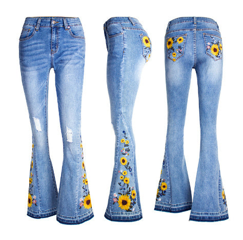 Women's Flared Jeans With Embroidered Sunflowers