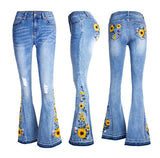 Women's Flared Jeans With Embroidered Sunflowers