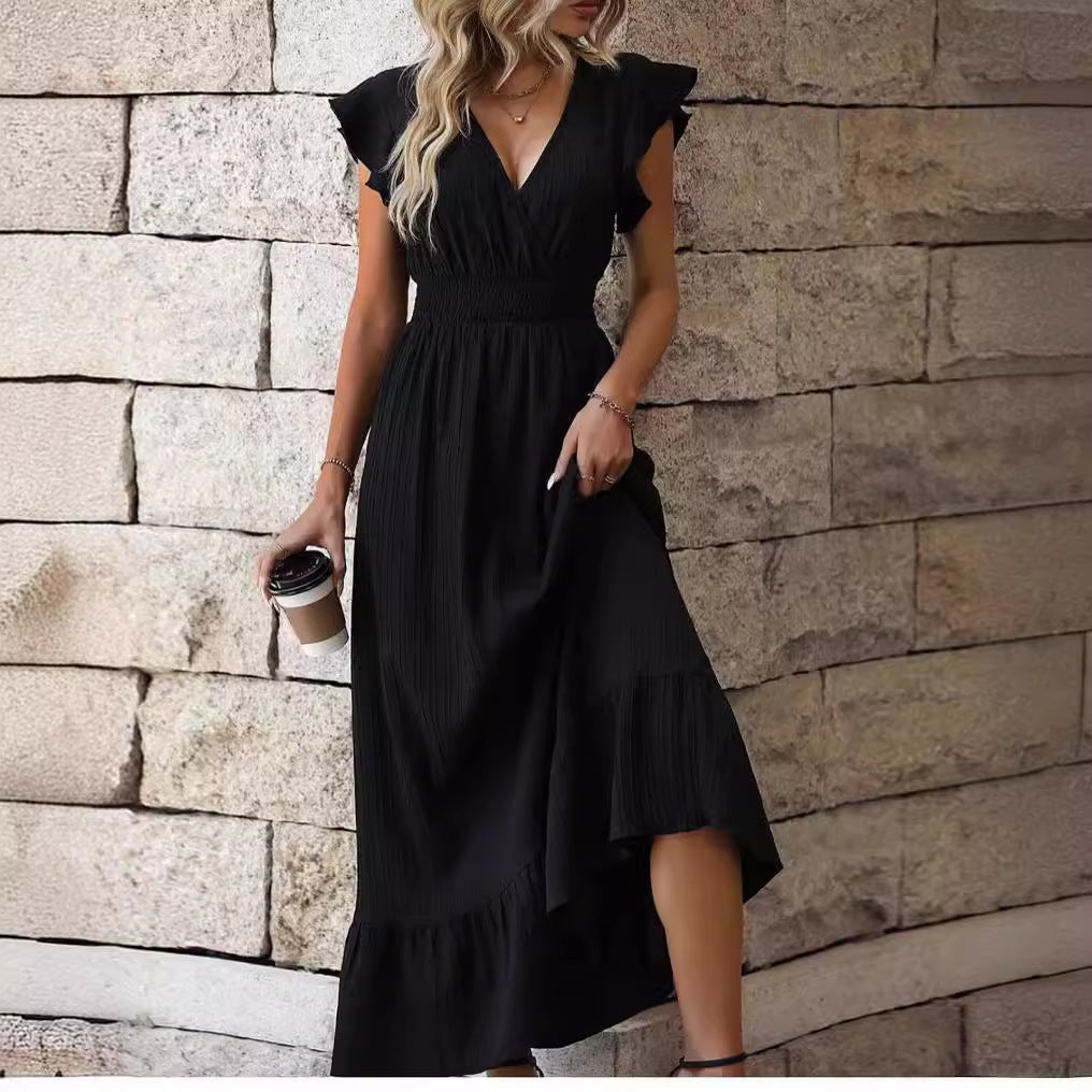 V-Neck Ruffled Sleeve Solid Color Leisure Dress