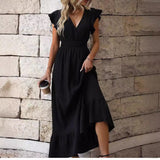 V-Neck Ruffled Sleeve Solid Color Leisure Dress