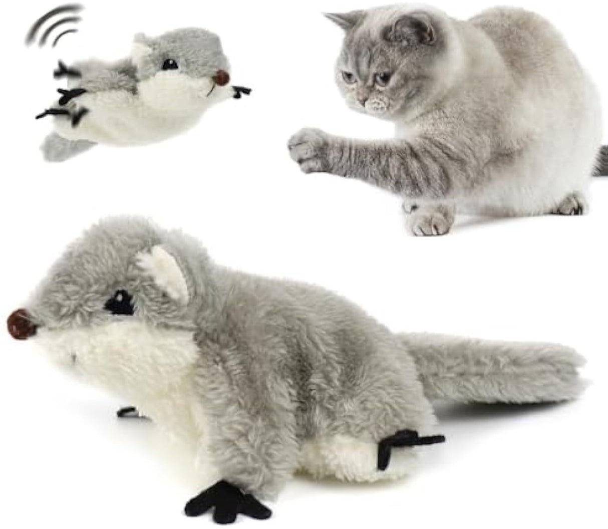 Flapping Lifelike Sounding & Rechargeable Electric Squirrel With Catnip Cat Toy - Weriion