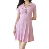 French Retro Solid Color Polo Collar Waist Slimming And Short A - Line Dress - Weriion