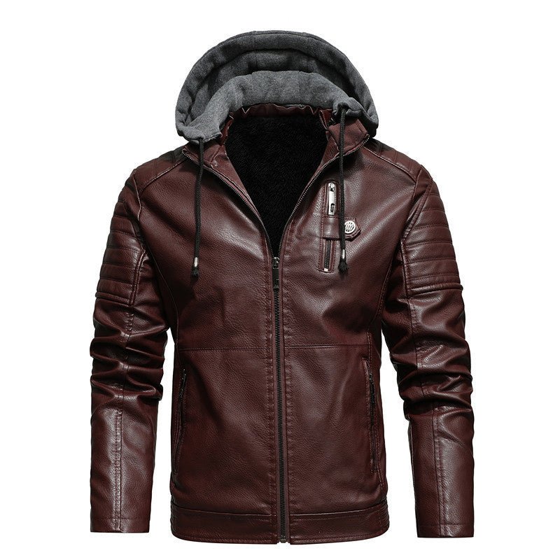 Hooded Slim Fit PU Leather Warm Jacket For Men - Weriion