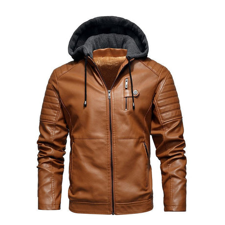 Hooded Slim Fit PU Leather Warm Jacket For Men - Weriion