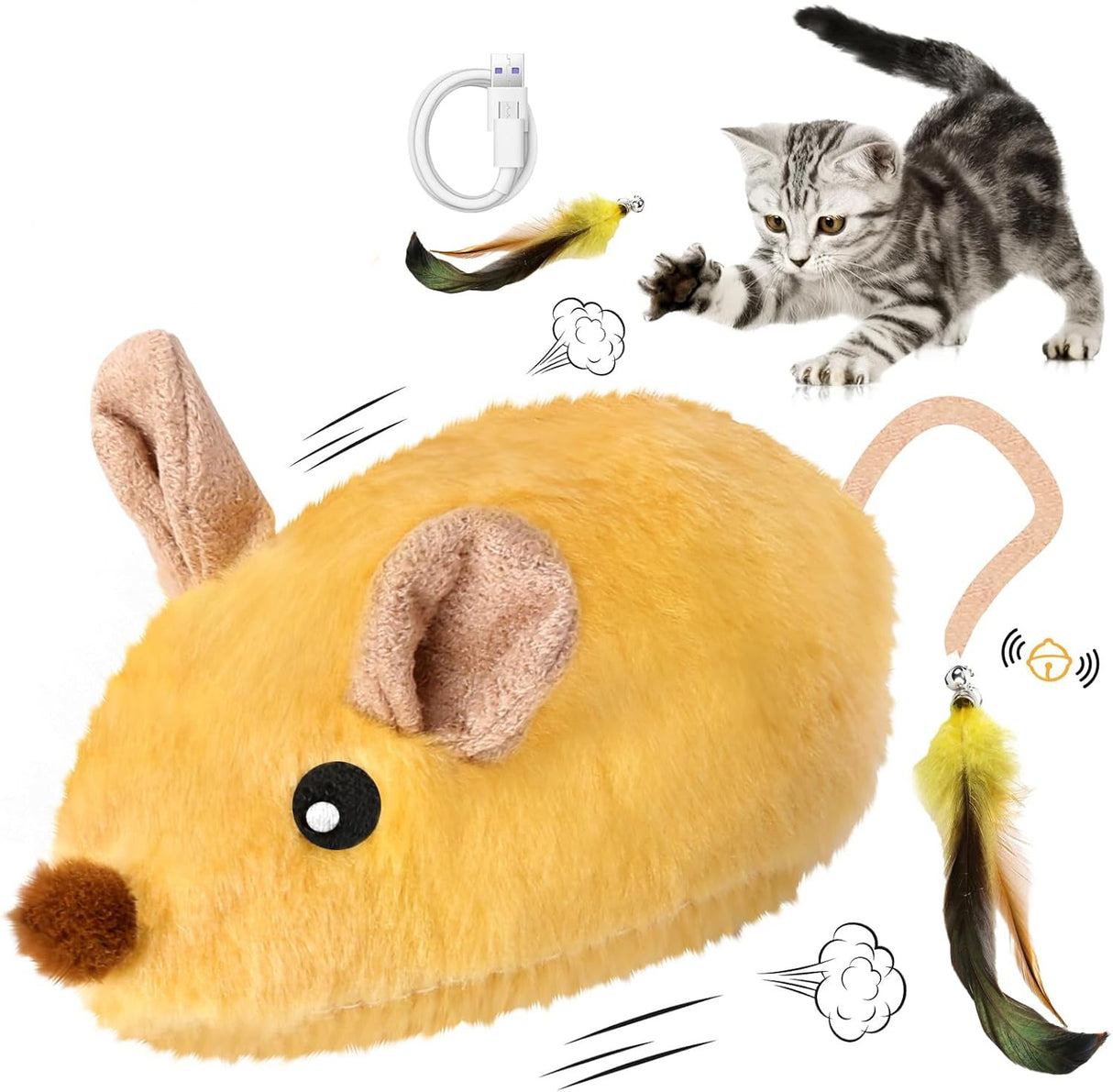 Interactive Electric Rechargeable LED Automatically Moving Lifelike Rat Mouse Cat Toys With Feather & Tail For Indoor Boredom Relief - Weriion