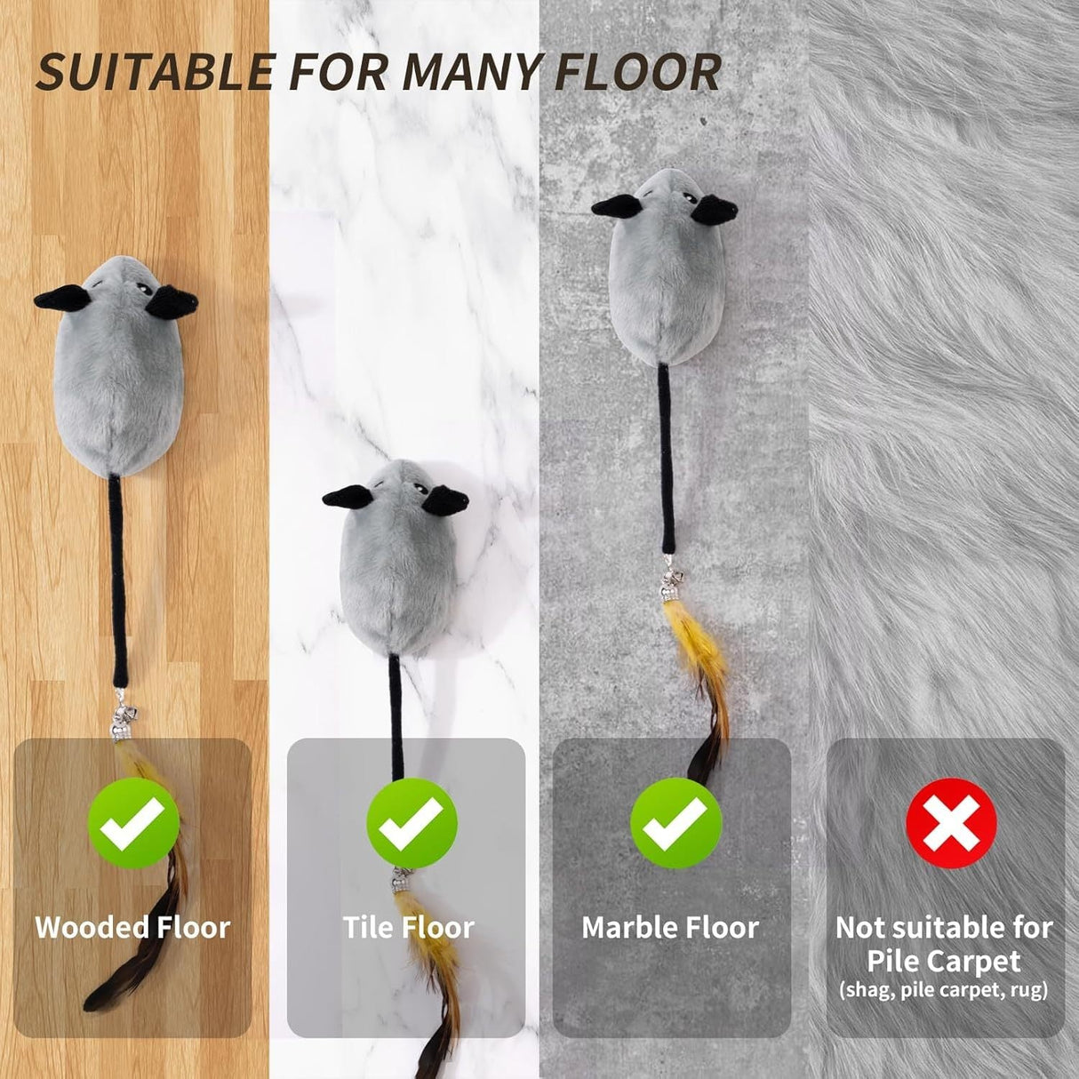 Interactive Electric Rechargeable LED Automatically Moving Lifelike Rat Mouse Cat Toys With Feather & Tail For Indoor Boredom Relief - Weriion