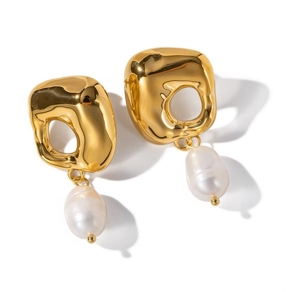Irregular 18K Gold Stainless Steel Pearl Earrings - Weriion