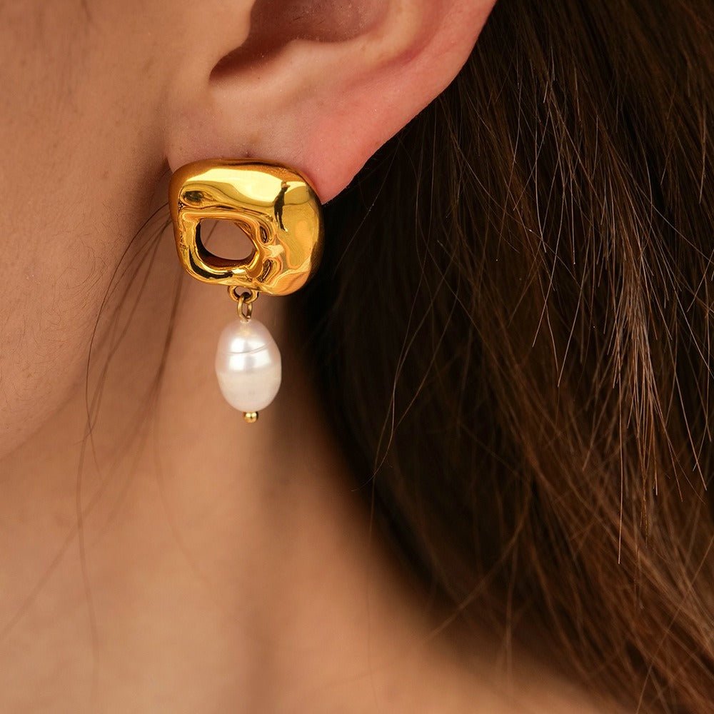 Irregular 18K Gold Stainless Steel Pearl Earrings - Weriion