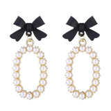 Korean Black Bow Tie Pearl Earrings - Weriion