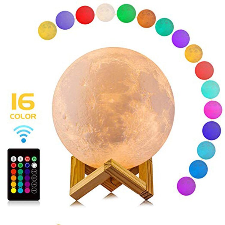 LED Moon Night Table Lamp With Wooden Base & 16 Different Colors - Weriion