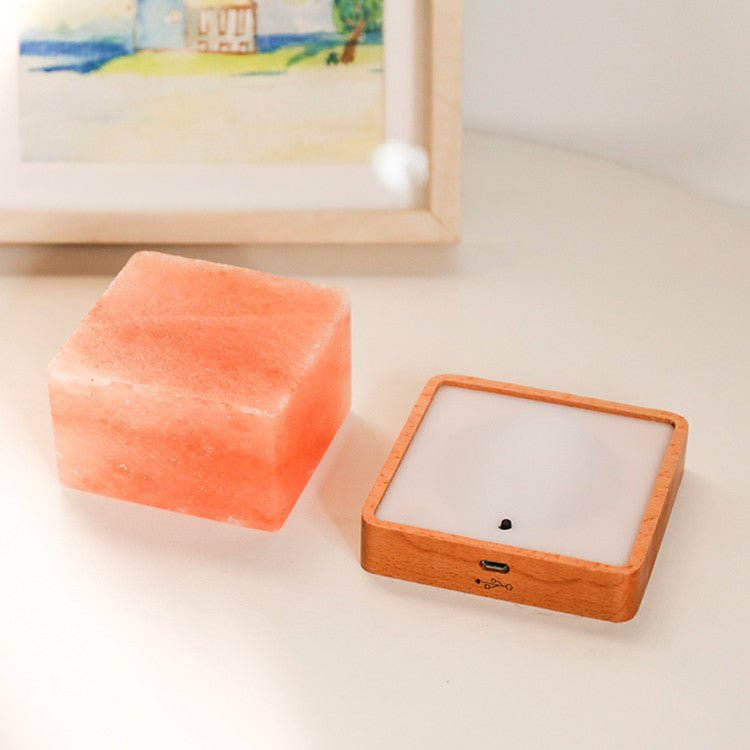 LED Square Wooden Base Himalayan Crystal Salt Lamp - Weriion