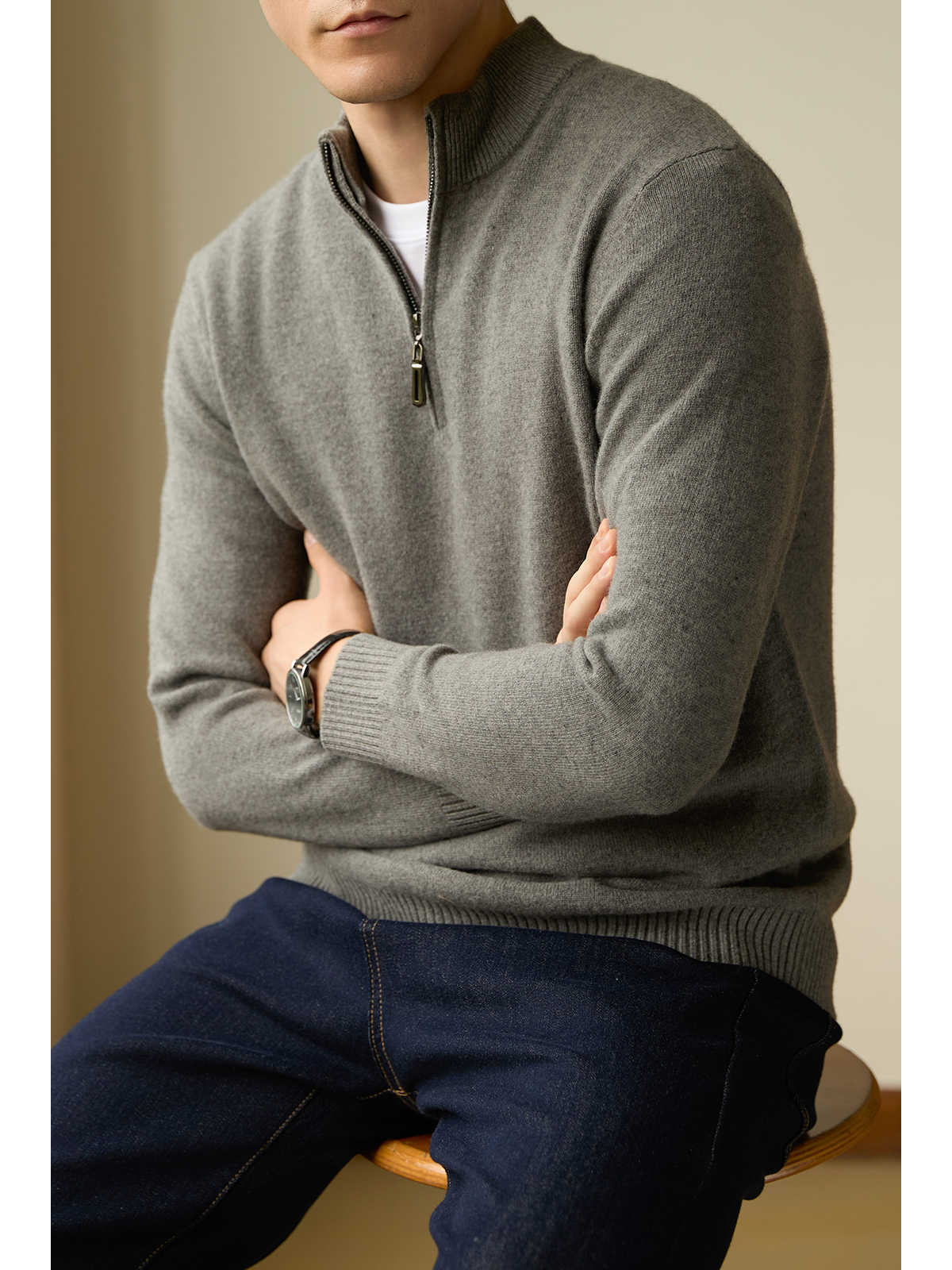 Men's Half Zipped Stand Collar Pure Wool Thermal Sweater - Weriion