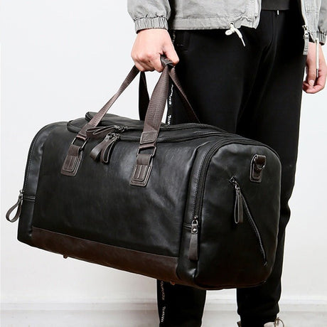 Men's Leather Business Travel Duffle Weekend Bag With Attachable Shoulder Strap - Weriion