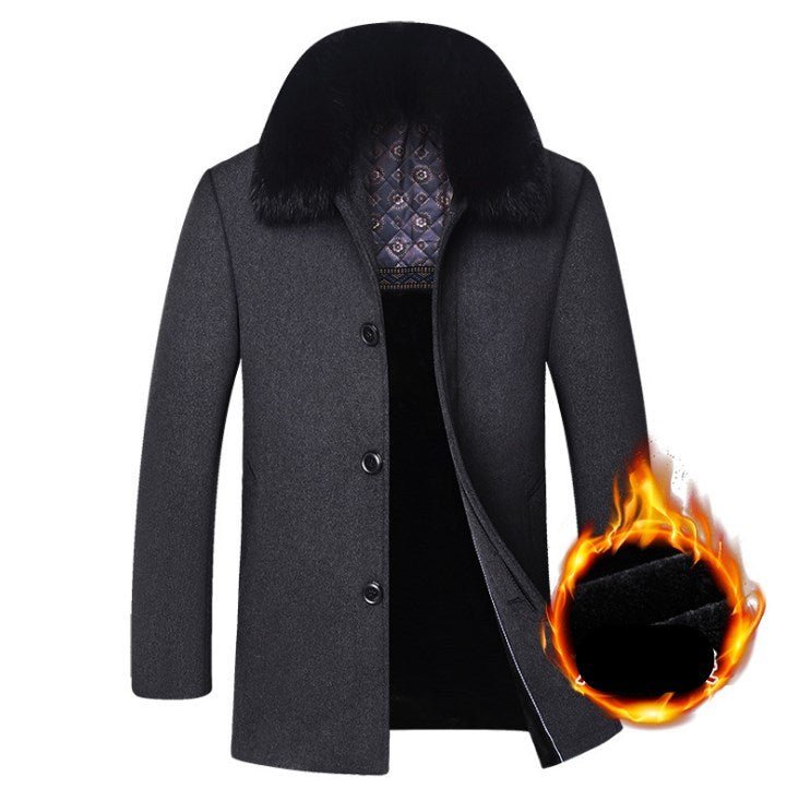 Men's Long Thick Warm Wool Coat With Detachable Large Fur Collar - Weriion