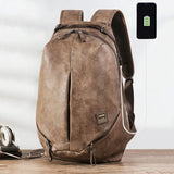 Men's PU Leather Khaki USB Charging Large Capacity Backpack - Weriion