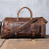 Men's Retro Shoulder Bag Genuine Cowhide Leather Duffle Weekend Bag - Weriion