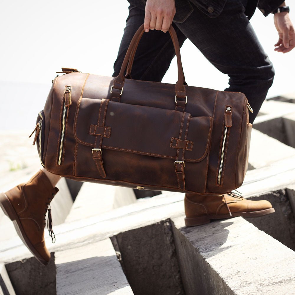 Men's Retro Shoulder Bag Genuine Cowhide Leather Duffle Weekend Bag - Weriion