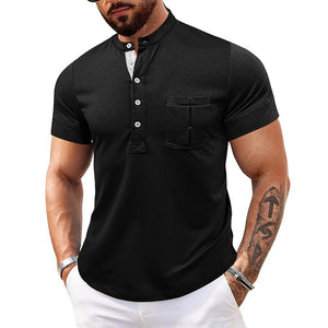 Men's Round Neck Short Sleeve Chest Pocket Polo Shirt - Weriion