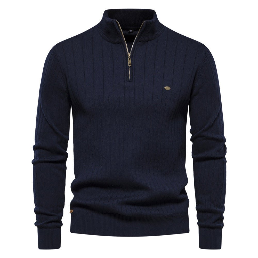 Men's Stand Collar Sweater Fashion Half - zipper Solid Color Striped Knit Sweater High Quality Slim Fit Top Clothing - Weriion