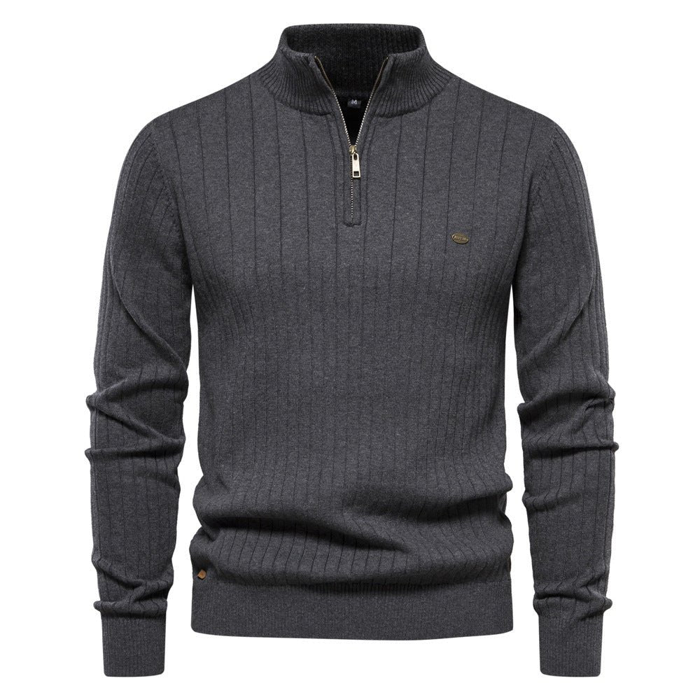 Men's Stand Collar Sweater Fashion Half - zipper Solid Color Striped Knit Sweater High Quality Slim Fit Top Clothing - Weriion