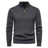 Men's Stand Collar Sweater Fashion Half - zipper Solid Color Striped Knit Sweater High Quality Slim Fit Top Clothing - Weriion