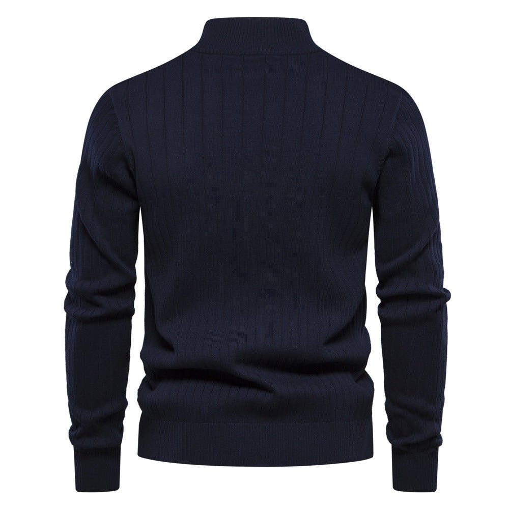 Men's Stand Collar Sweater Fashion Half - zipper Solid Color Striped Knit Sweater High Quality Slim Fit Top Clothing - Weriion