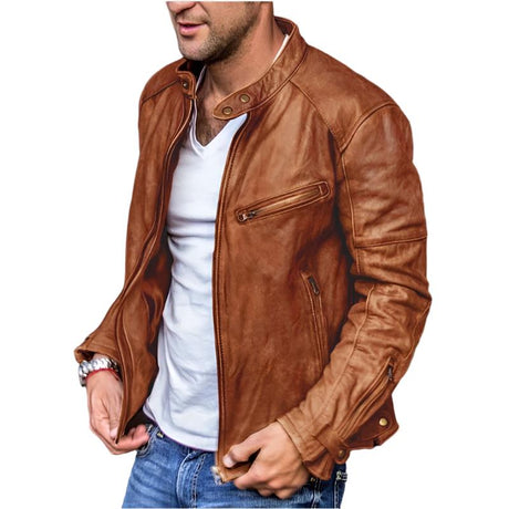 Men's Winter & Autumn PU Leather Jacket With Standing Collar - Weriion