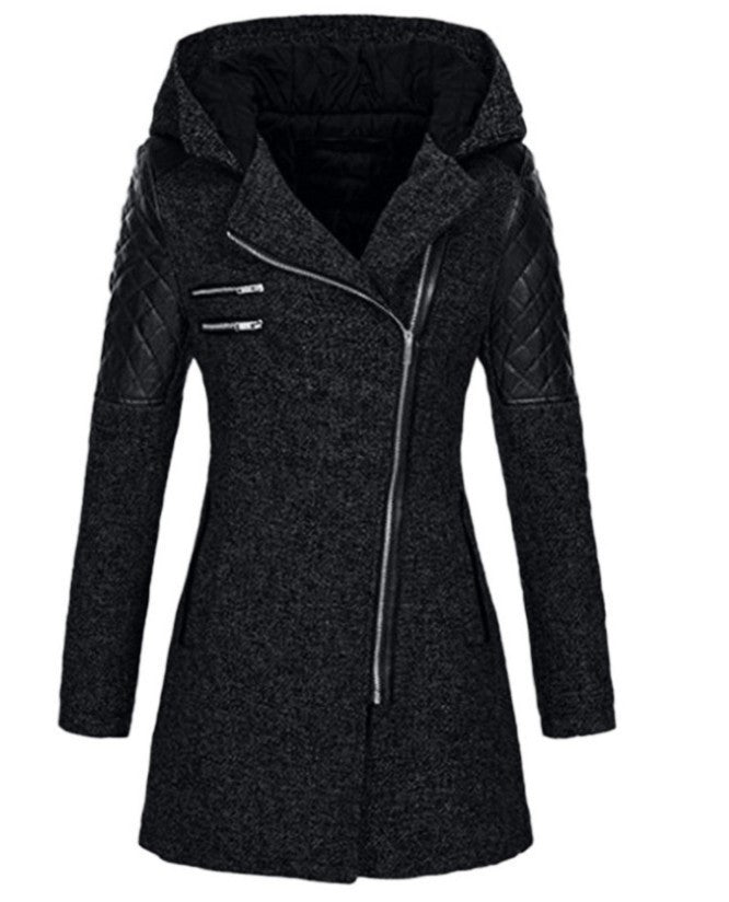 Oblique Zipper Hooded Thickened Thermal Mid - Length Trench Coat - Weriion