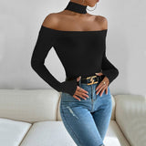 Off-Shoulder Slim Fit Knitted Long Sleeved T-Shirt Top - Weriion