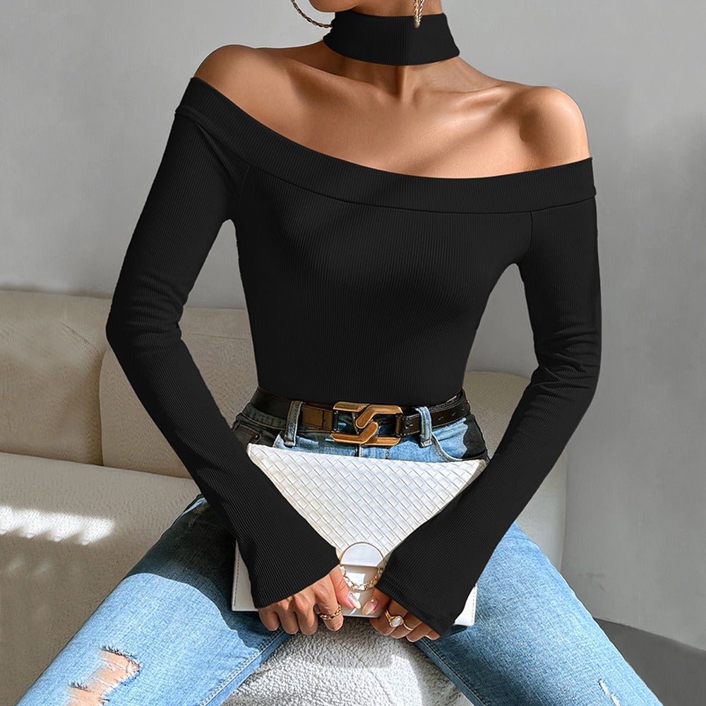 Off-Shoulder Slim Fit Knitted Long Sleeved T-Shirt Top - Weriion