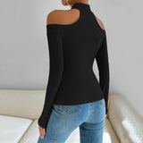 Off-Shoulder Slim Fit Knitted Long Sleeved T-Shirt Top - Weriion