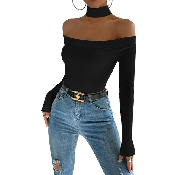 Off-Shoulder Slim Fit Knitted Long Sleeved T-Shirt Top - Weriion