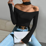 Off-Shoulder Slim Fit Knitted Long Sleeved T-Shirt Top - Weriion