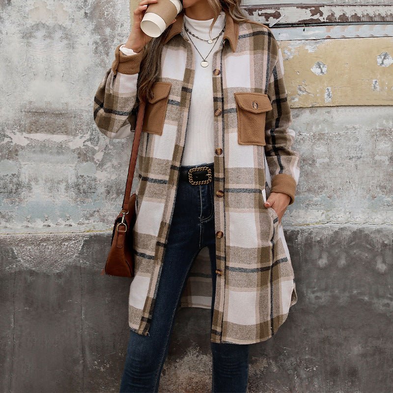 Plaid Long Winter Coat With Chest Pockets - Weriion